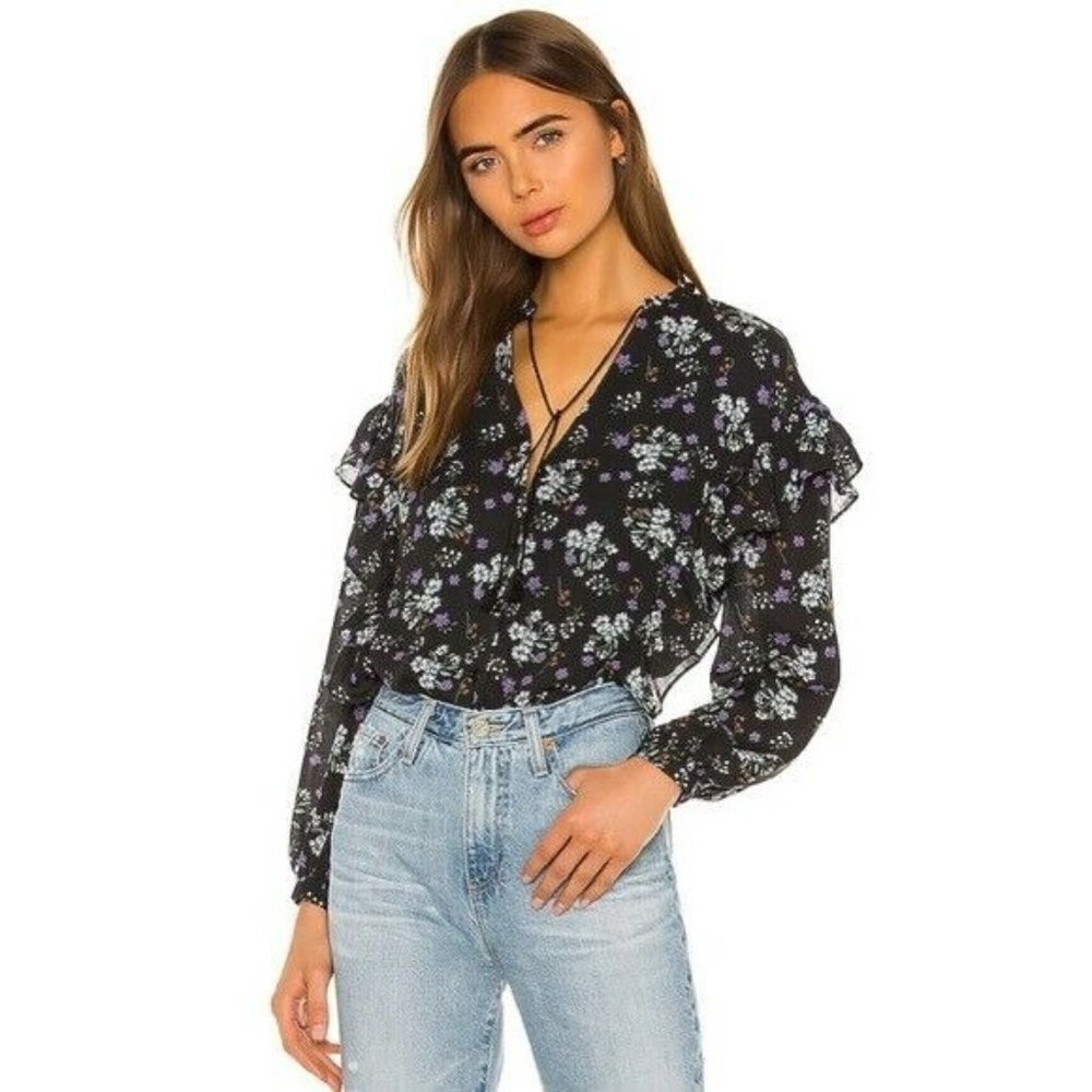cupcakes and cashmere DELIA Black Floral Ruffle Blouse Size XS Top